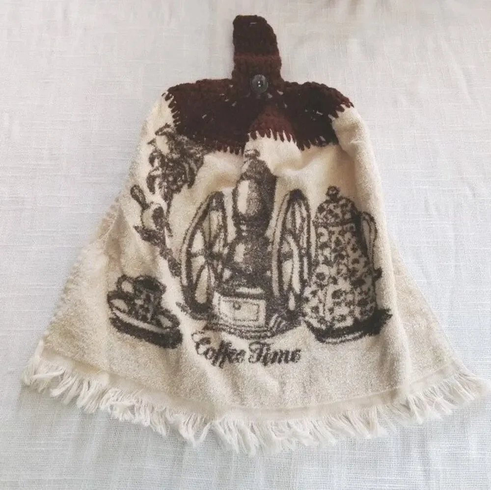 Vintage Hand Dish Towels Kitchen Crochet Retro Top Hanging Button Coffee Time